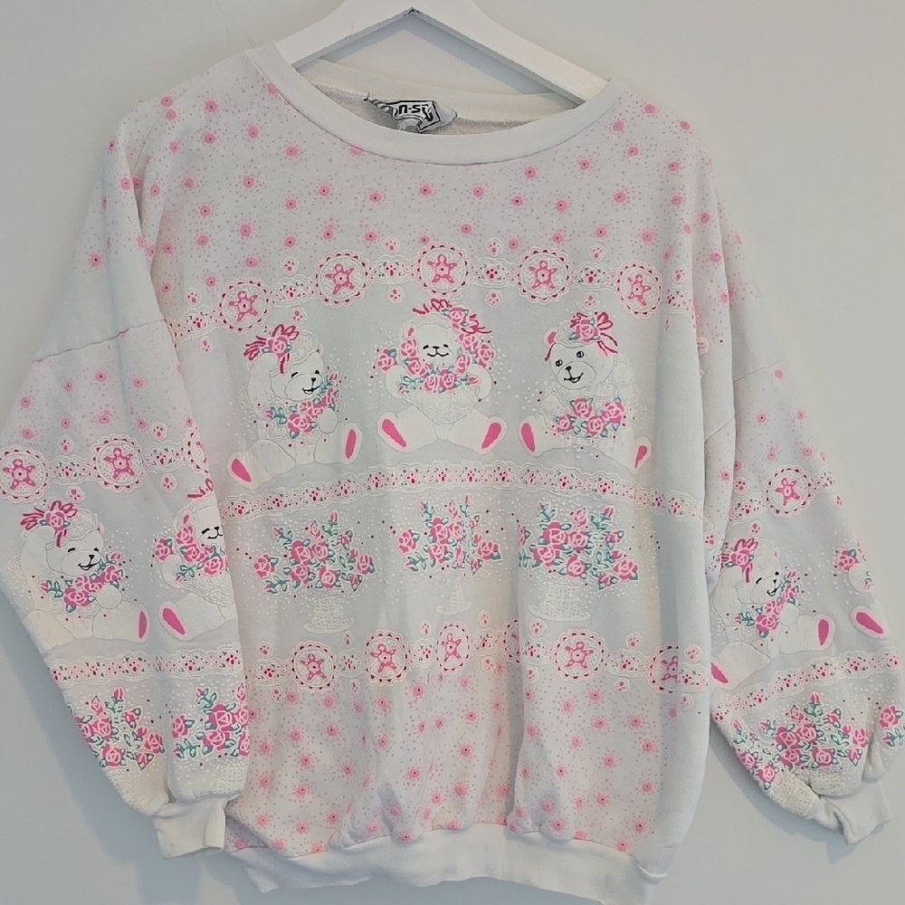 Vintage Cottagecore Cotton Bear Pink Sweater